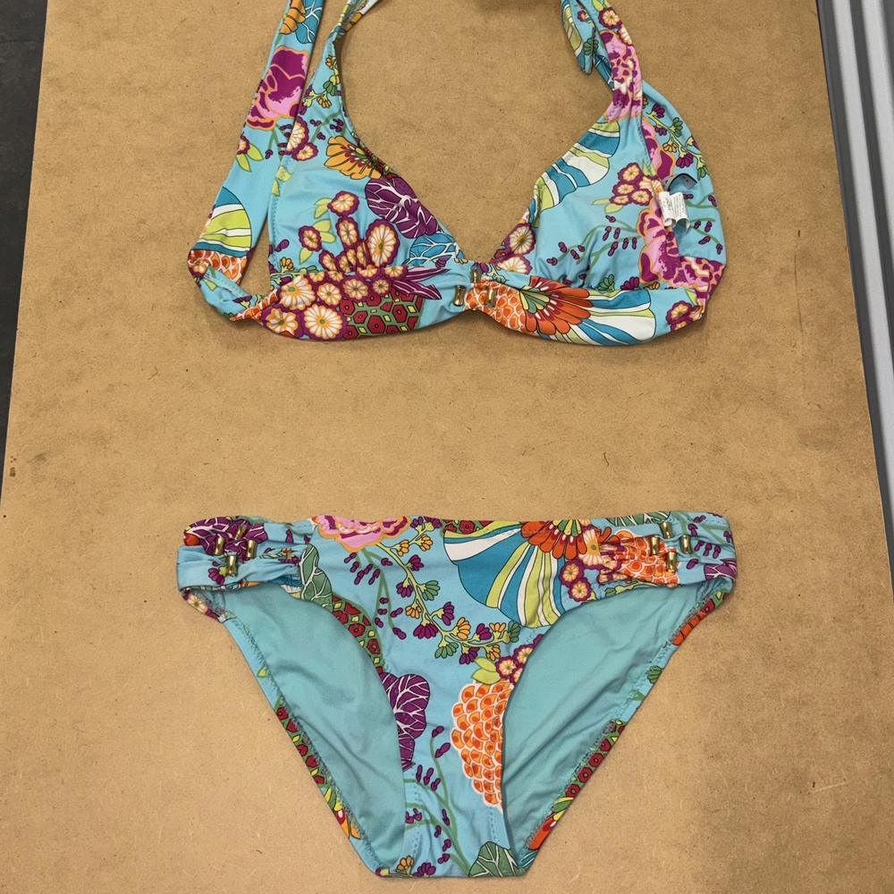 Women's Floral Halter Bikini Set - Blue and Orange